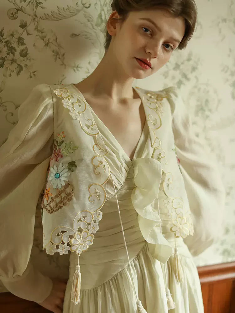 The Trianon Embroidered Vest | French Cotton Floral Waistcoat | Vintage Botanical Tassel Gilet | Parisian Princess