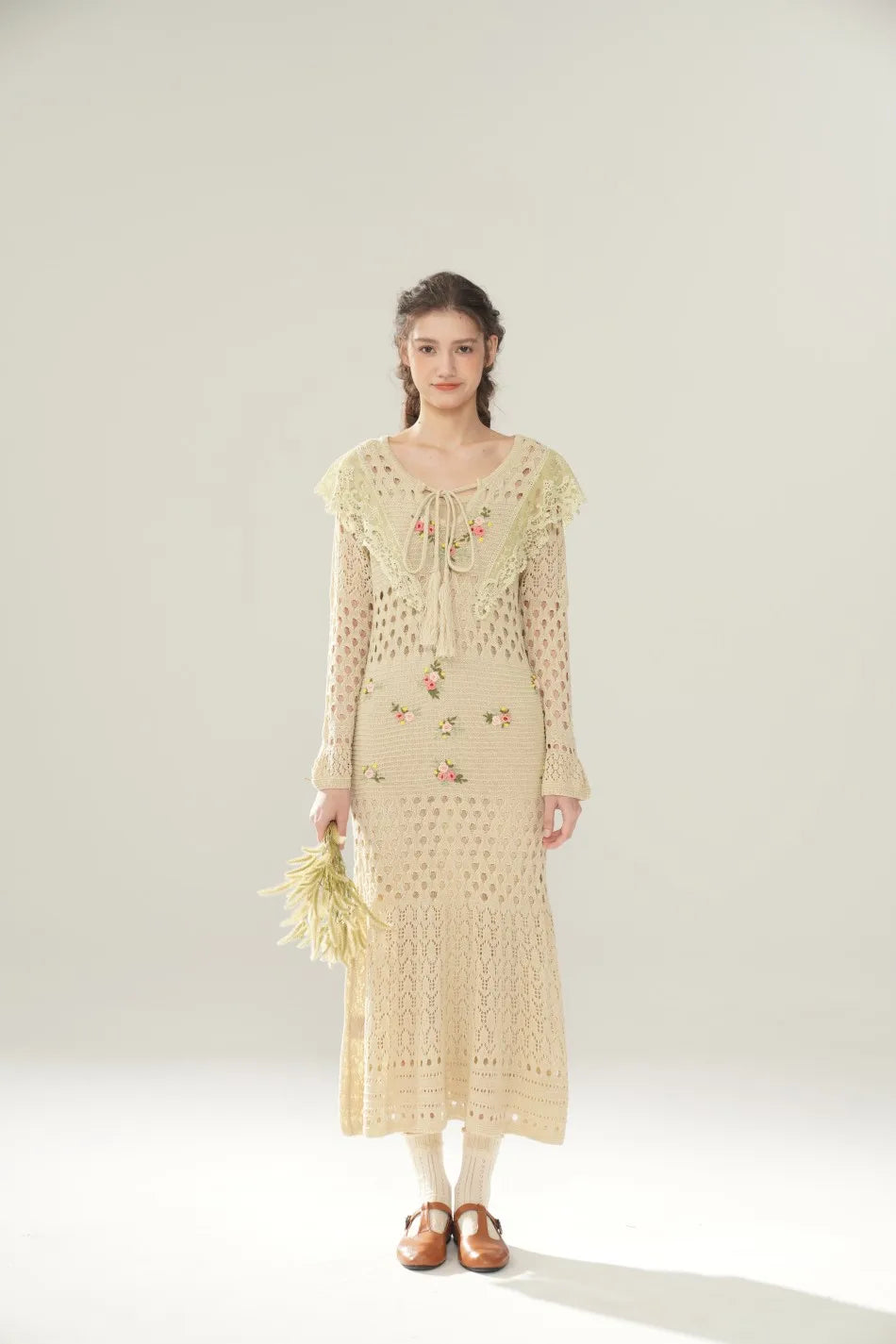 The Versailles Rose Knitted Fishtail | Hand-Embroidered Silk Blend Dress | French V-Neck Gown | Parisian Princess