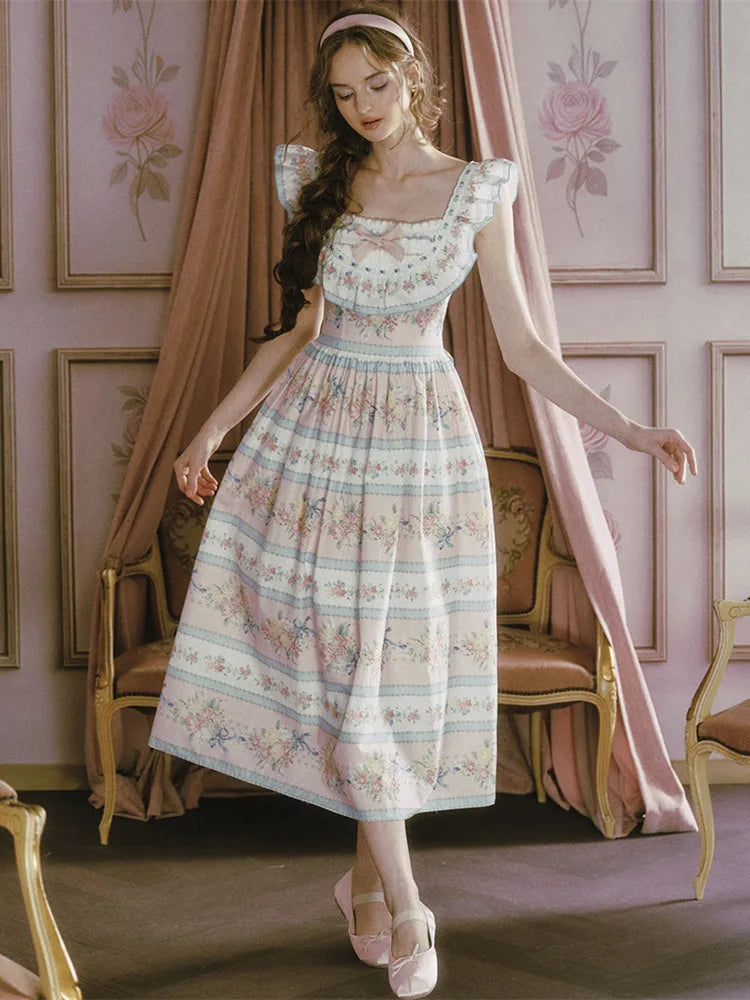 The Petit Ridinghood Dress | Summer Long Pink Floral Dress | 100% Cotton Square Collar Fit & Flare Dress | Parisian Princess