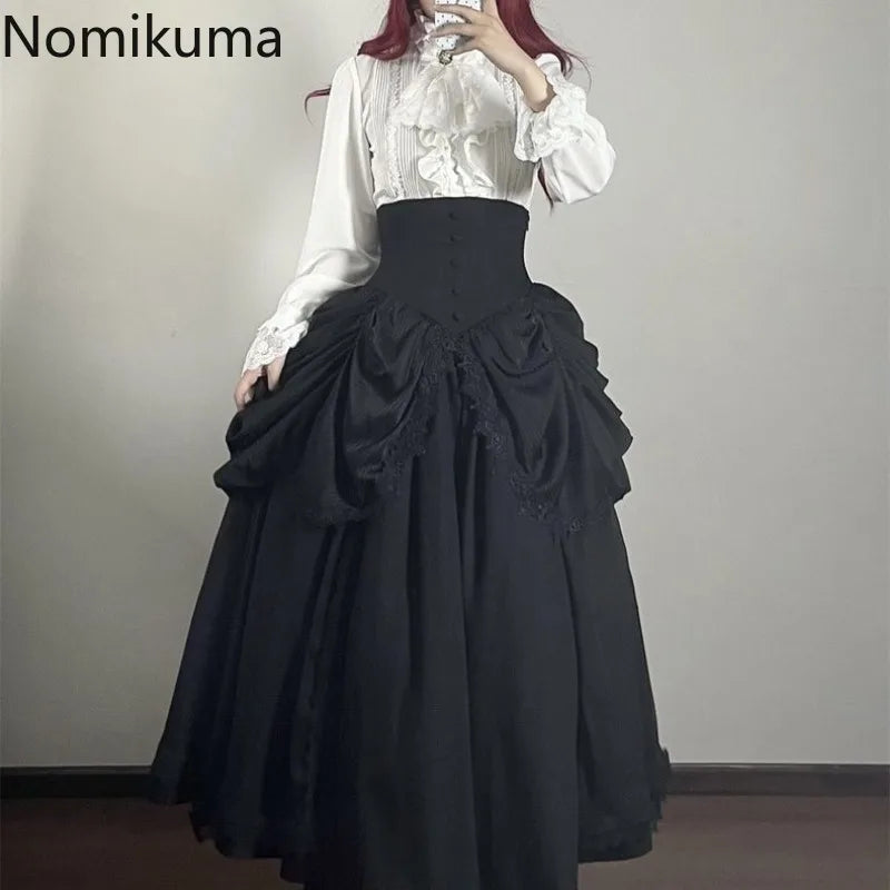 The Tuileries Big Swing Skirt | French Lolita High-Waist Maxi | Patchwork Lace Ankle-Length Saia | Parisian Princess
