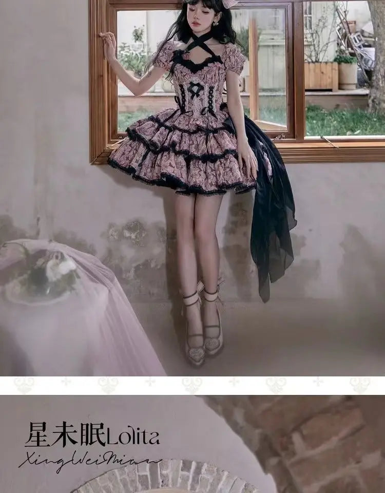 Dophee Original Lolita Flower Wedding Dress Set Gothica Black Pink JSK Dress Elegant Ruffles Mesh Spring Summer OP Dress