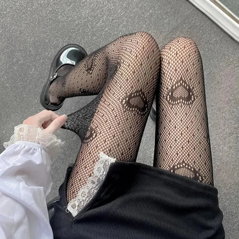 Lolita Girls Cute Heart Print Tights for Women Sexy Gothic Punk Magical Spider Web Mesh Fish Net Pantyhose Body Stockings