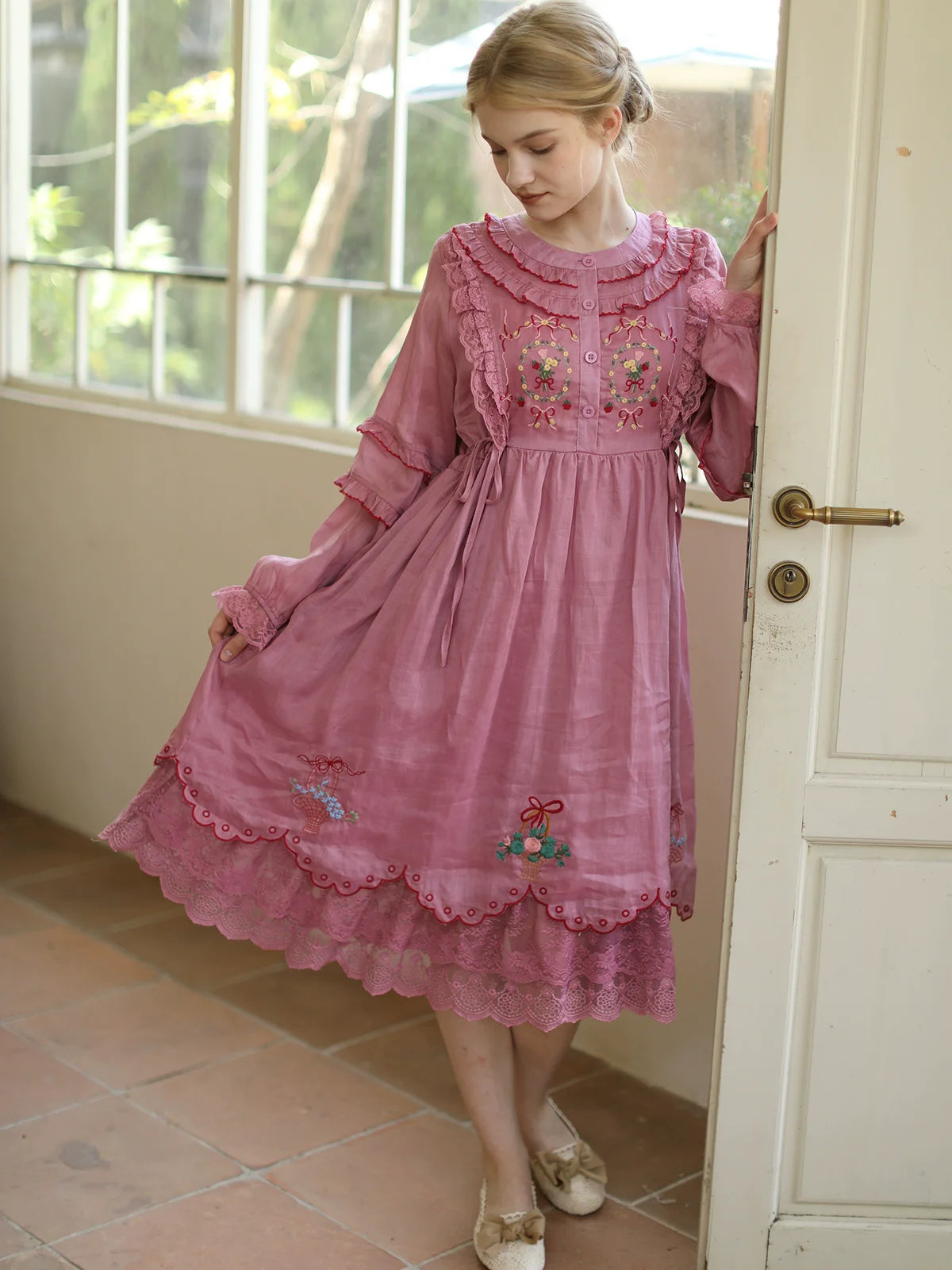 The Antique Botanical Tea Dress | French Forest Girl Embroidery Gown | Loose Fit Cotton-Ramie Jute Aesthetic Midi | Parisian Princess