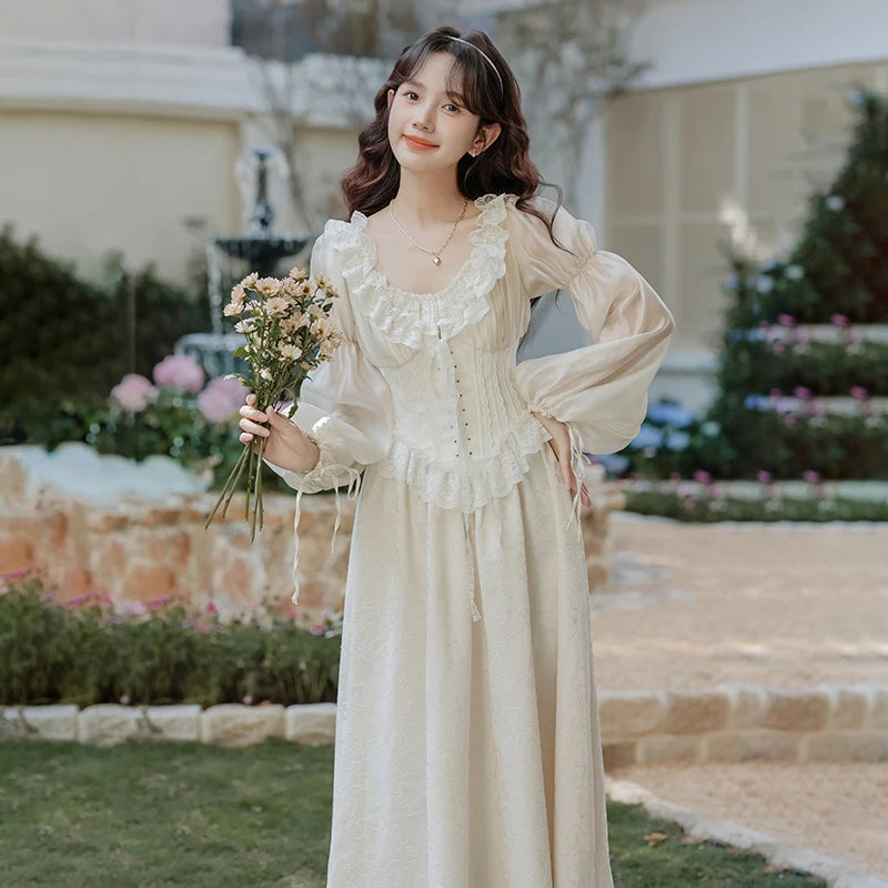 Retro French Court Fairy Princess Dress Woman Vintage Victorian Style Jacquard Lace Puff Sleeve Gatsby Dresses For Romantic Lady