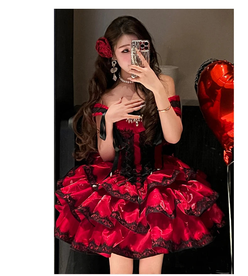 Princess Romantic Date Anniversary Wedding Party Pink Dress Girls Women's Sweet Lolita Halter Off-Shoulder Ball Gown Dresses