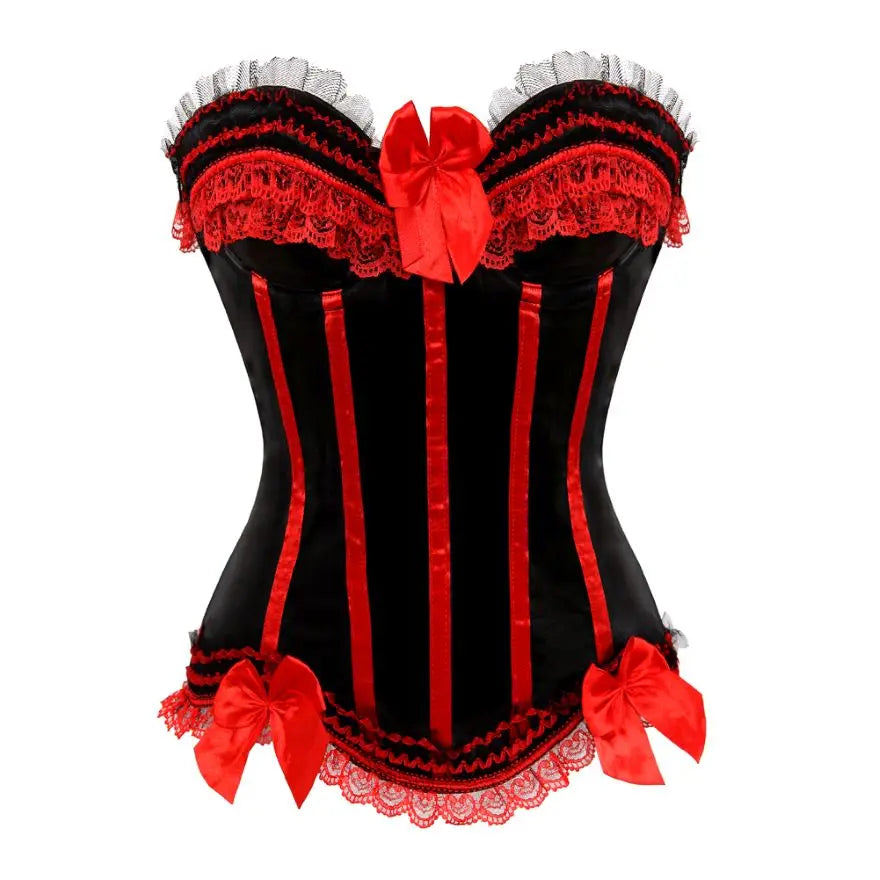 Sexy Lace Overbust Corset Top Women Vintage Satin Bow Bustier Lingerie With Zipper Plus Size Body Shaper Burlesque Corsets