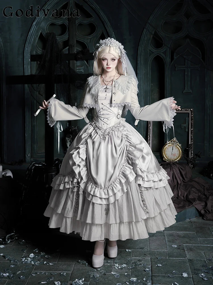 Gothica Signature Long Split Dress New Womens French Elegant Court Style Heavy Industry Lolita Dress Fishbone Corset Skirt Shirt Set