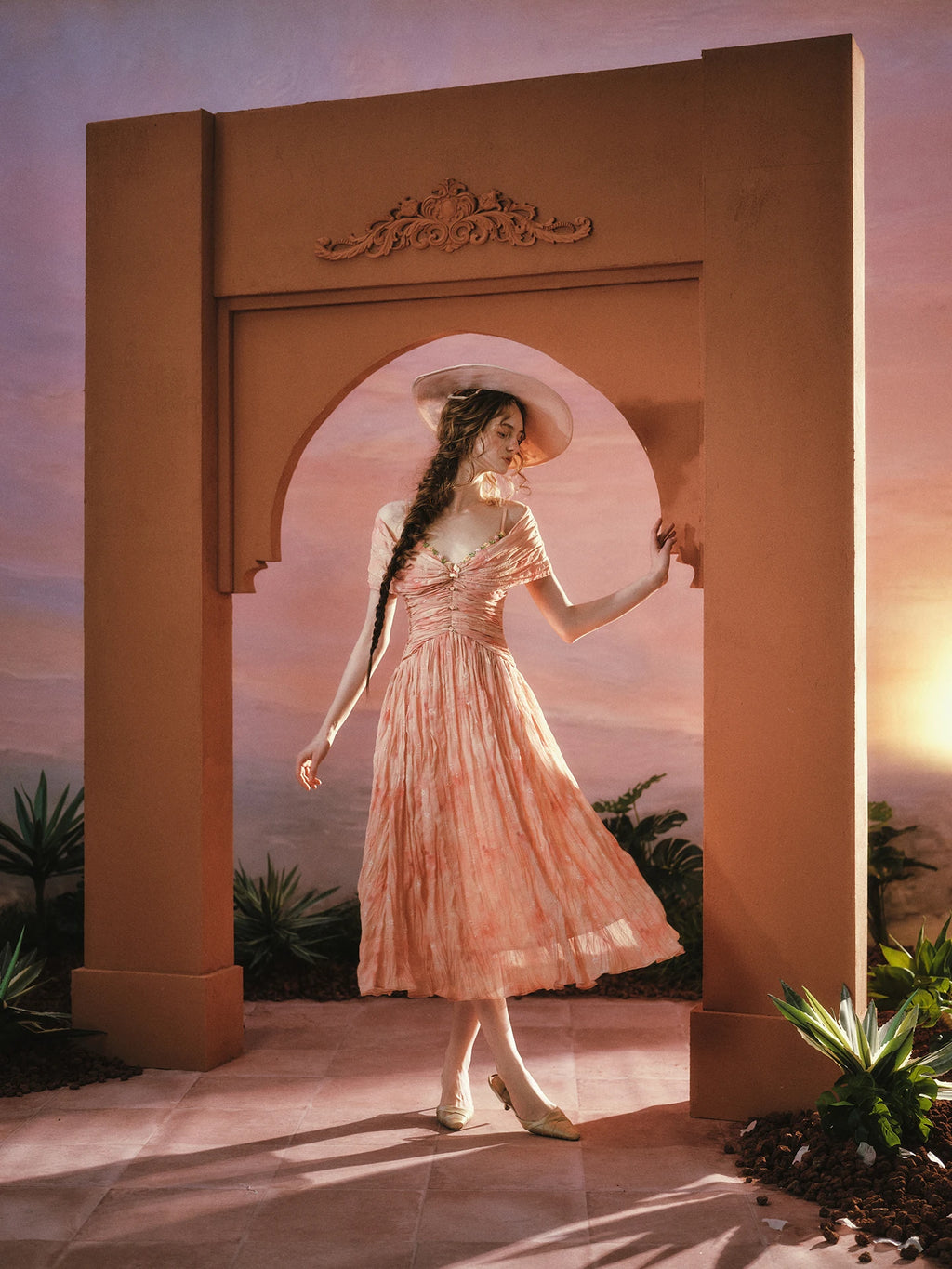 The Caprician Sunset Oil Painting Gown | Coral Shimmer Fairy Skirt | 3/4 Sleeve A-Line Dress | Parisian Princess