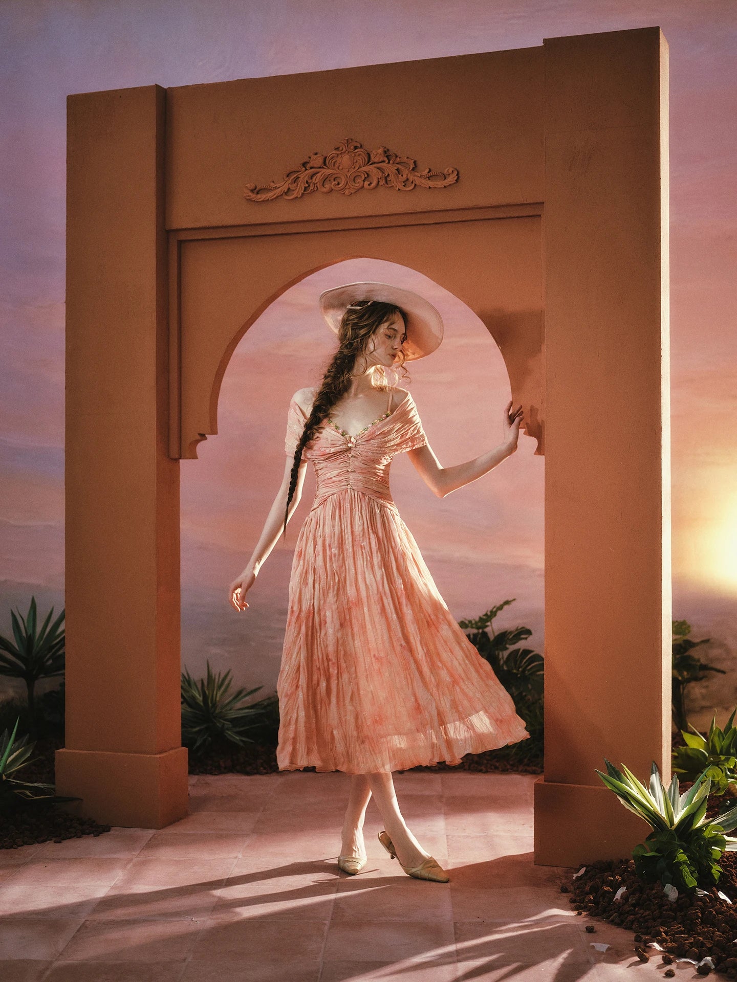 The Caprician Sunset Oil Painting Gown | Coral Shimmer Fairy Skirt | 3/4 Sleeve A-Line Dress | Parisian Princess