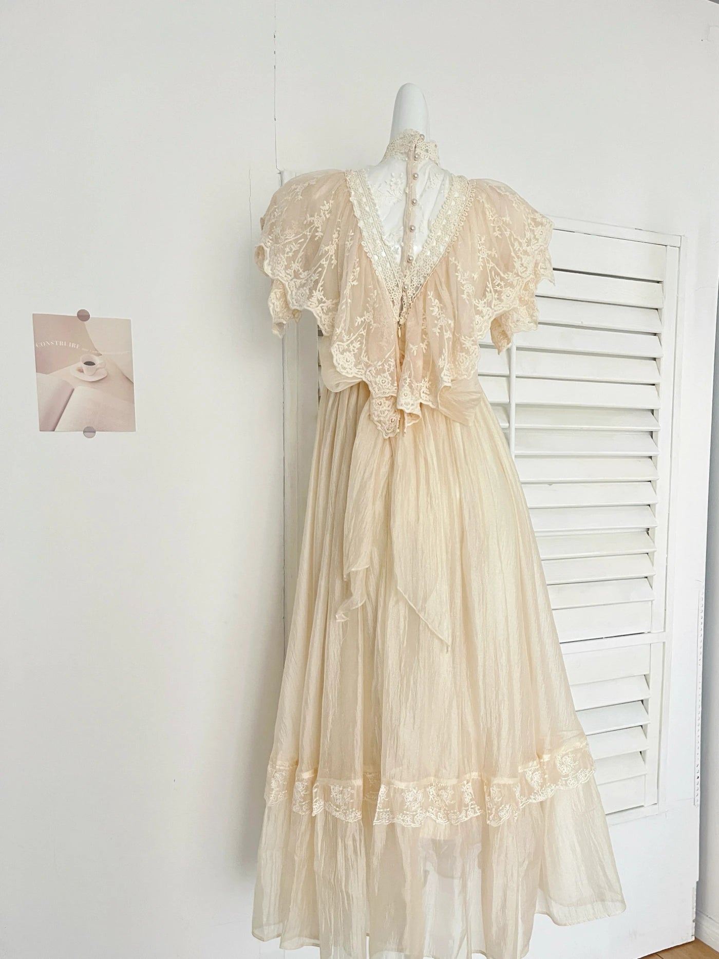 The Petal-Whisper Chiffon Gown: A Vintage Parisian Fairy Dress | Half-High Collar Lace Maxi | Parisian Princess