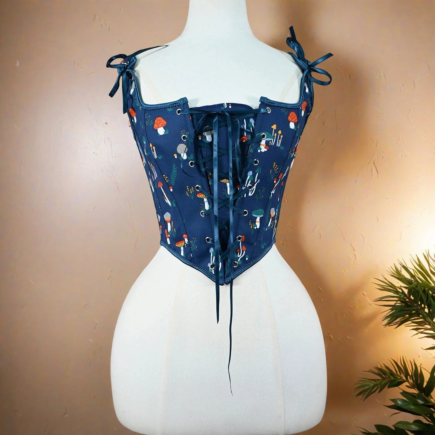 Mushroom Corset Bustier Lace Up Front Vintage Printed Boned Bodice Stage Costume Crop Vest Outwear For Dress Waist Trainer