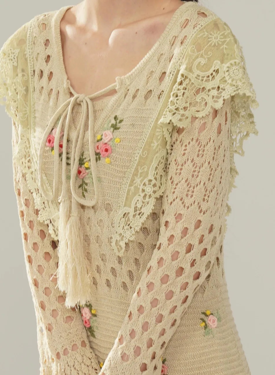 The Versailles Rose Knitted Fishtail | Hand-Embroidered Silk Blend Dress | French V-Neck Gown | Parisian Princess