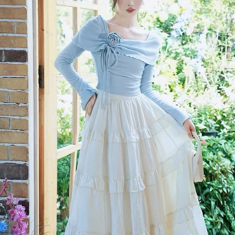 Blue 3D Flower Square Collar Long Sleeve Slim Fit Tops Women + Parisian High Waist Ruched Cake Skirts 2026 Autumn New Two Piece Sets