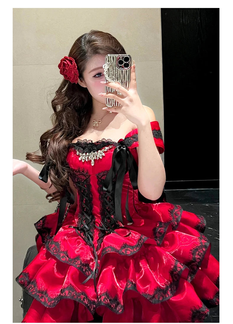 Princess Romantic Date Anniversary Wedding Party Pink Dress Girls Women's Sweet Lolita Halter Off-Shoulder Ball Gown Dresses