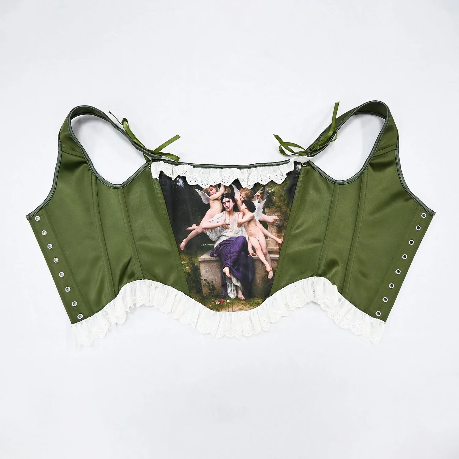 The Giverny Emerald Corset | Green Printed Overbust Bustier | White Lace Vintage Boned Shaping Bodice | Parisian Princess