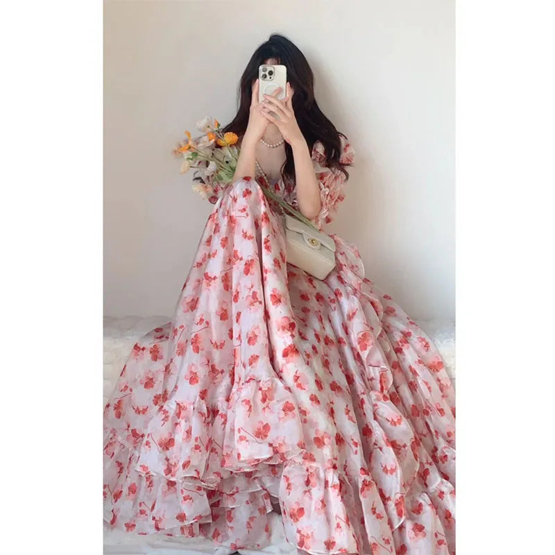 Parisian French Pink Floral Off-shoulder Dress Atmosphere Sense Vacation Style Tea Break Long Skirt Princess Dress
