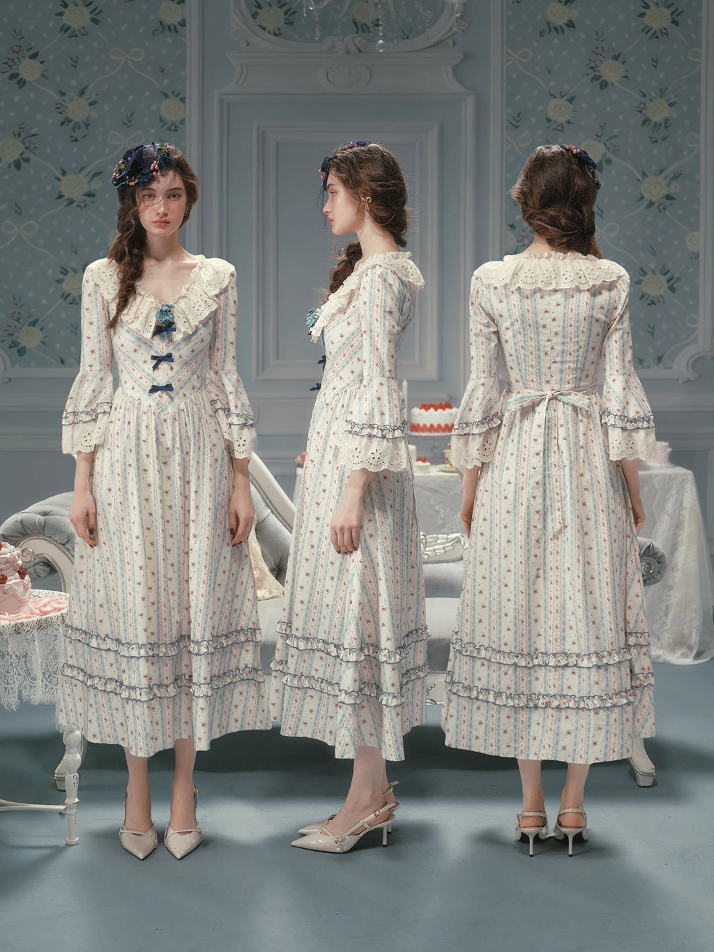 Parisian Cotton Lace Trimmed Women Dress Three Quarter Flare Sleeve Long Maxi Ladies V-Neck XS-XL Vintage High Waist Printed 2026