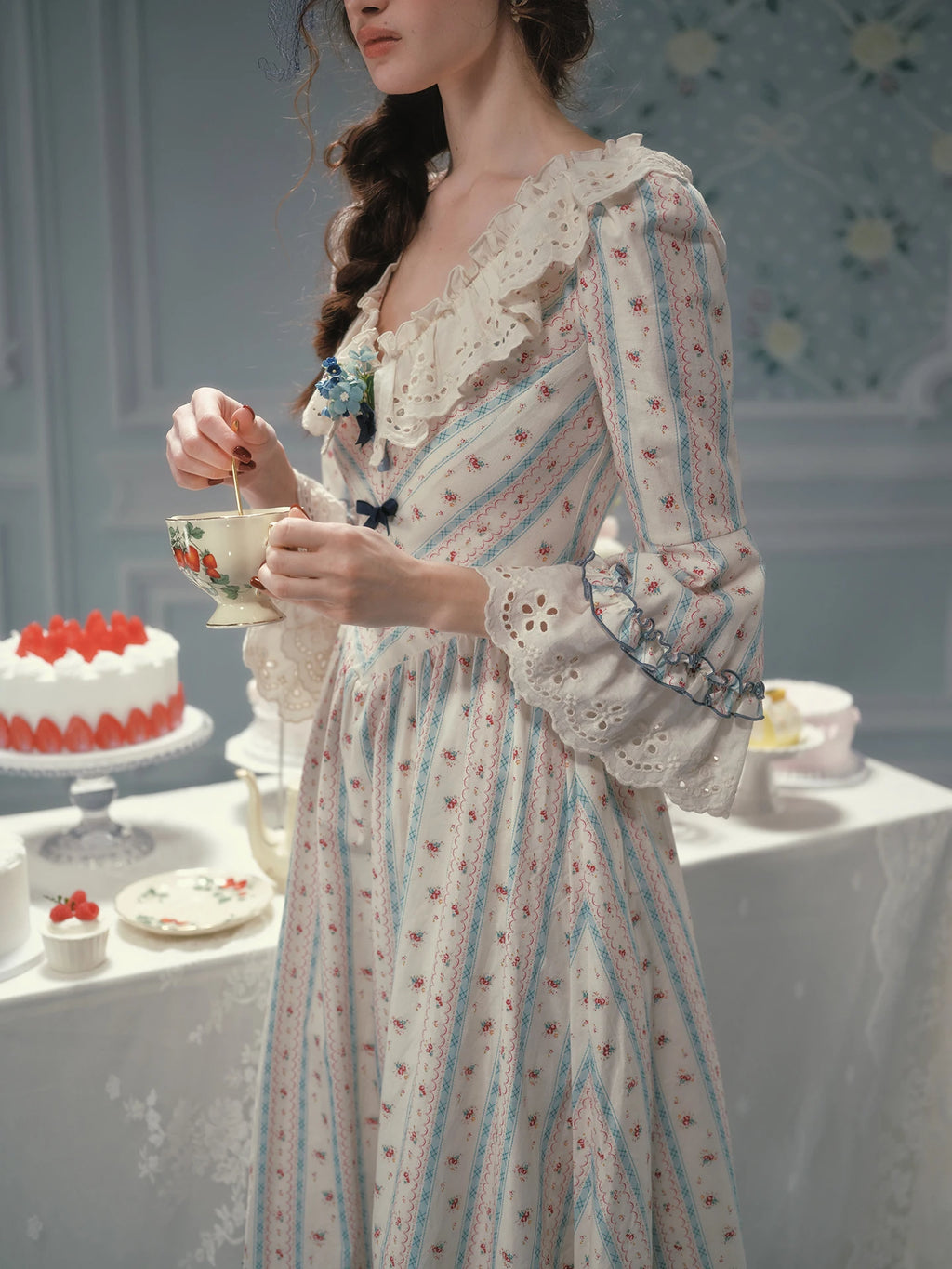 Parisian Cotton Lace Trimmed Women Dress Three Quarter Flare Sleeve Long Maxi Ladies V-Neck XS-XL Vintage High Waist Printed 2026