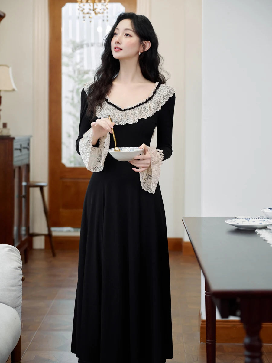 Vintage Black Knitted Basic Dress Woman Retro French Style Lace Collar Flare Sleeve Elegant Lady Long Dresses Vestido Negro