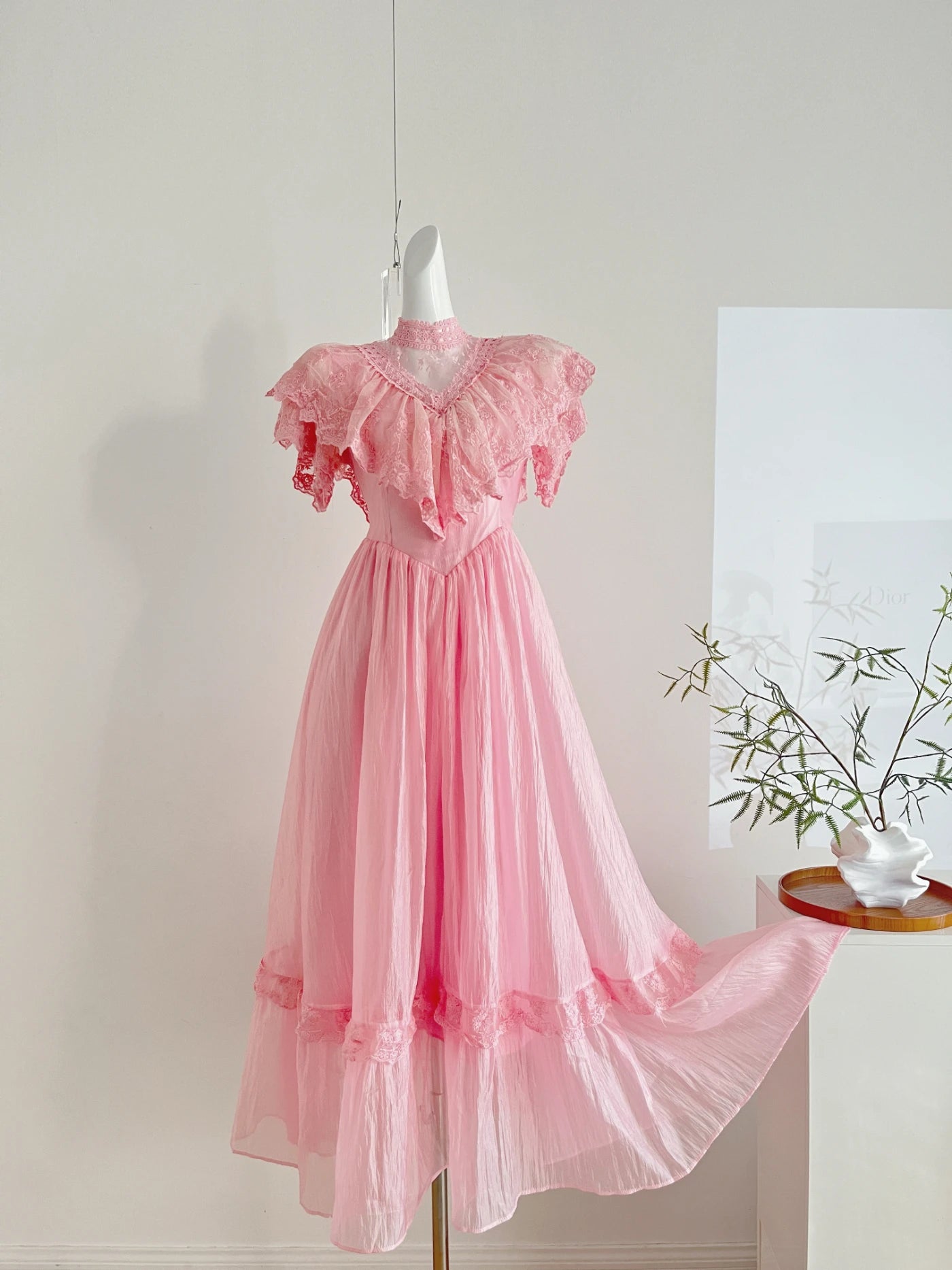 The Petal-Whisper Chiffon Gown: A Vintage Parisian Fairy Dress | Half-High Collar Lace Maxi | Parisian Princess