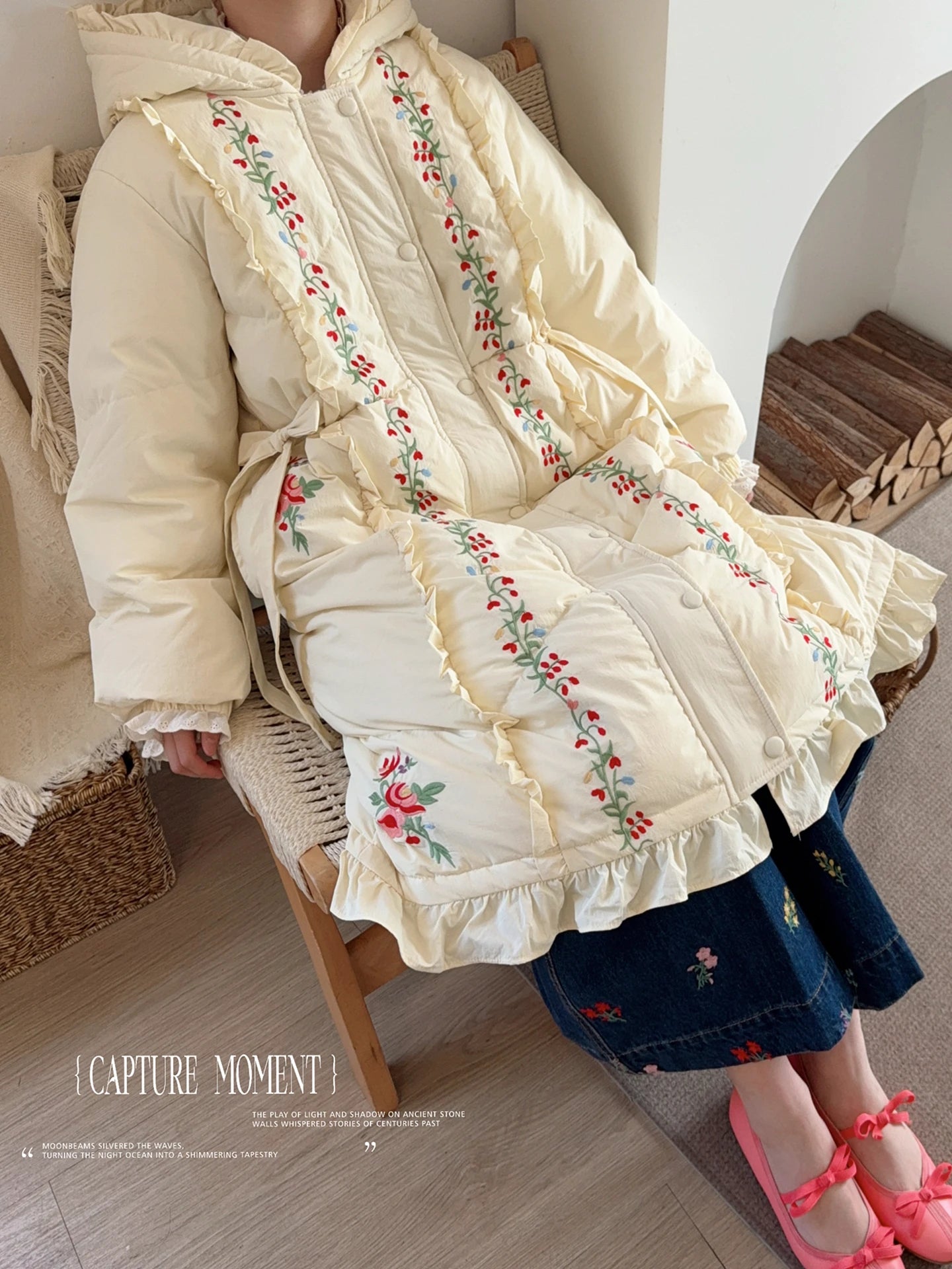 Parisian Women Full Sleeve Long Mid-Calf Thick Outerwear Hoode Zipper Down Jacket Embroidery Warm Coats Japanese Style