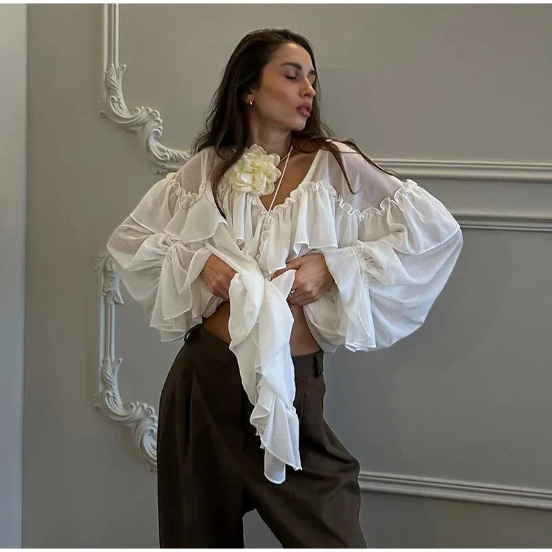 The Éclat Summer Tiered Blouse | French V-Neck Gauze Top | Ethereal Loose Fit Manteau | Parisian Princess