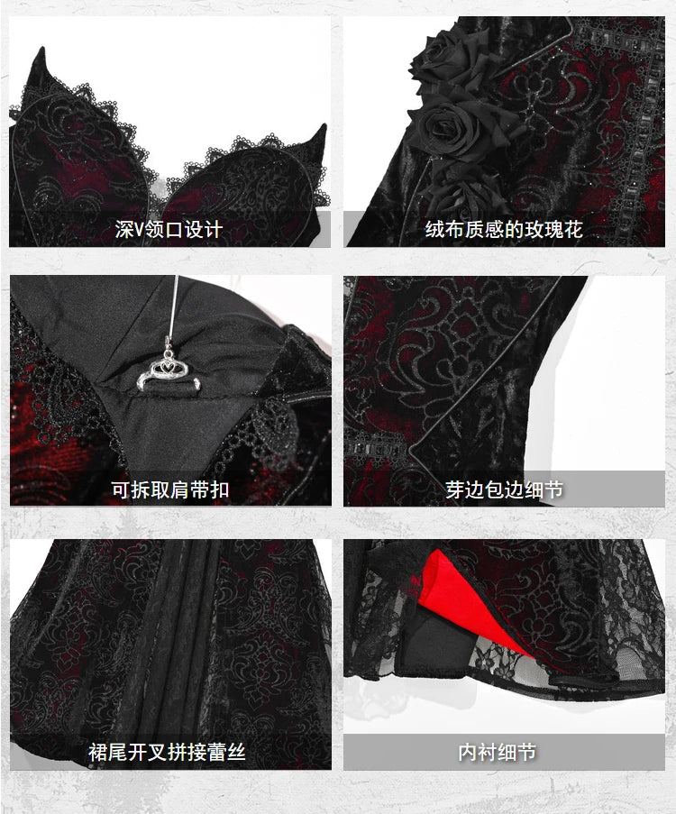 Gothica Original Design Vampire Black Red Dress Lace Patch Gothic Velvet Trumpet Sleeveless Sexy X-Long Dress Halloween