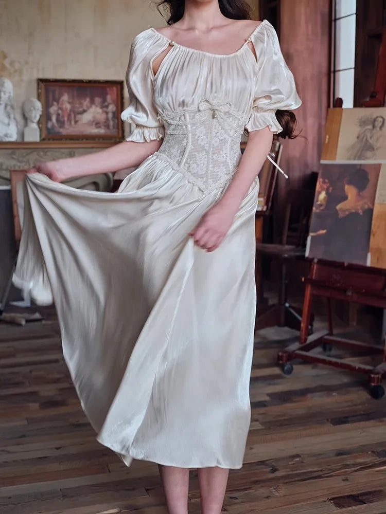 French Renaissance Women Hollow Lace Waist Trainer Dress Satin Glossy Puff Sleeve Midi Long Dress Party Fairy Summer Clothes