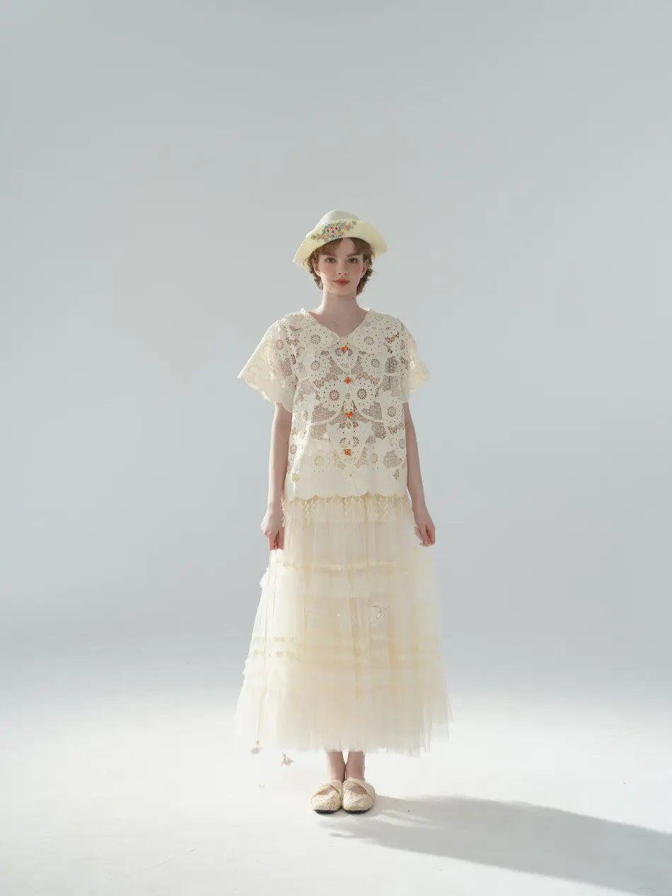 The Palais Cutwork Blouse | Summer Lace Shirt | Handmade 3D Floral All-Over Embroidered Turn-Down Collar Blouse | Parisian Princess