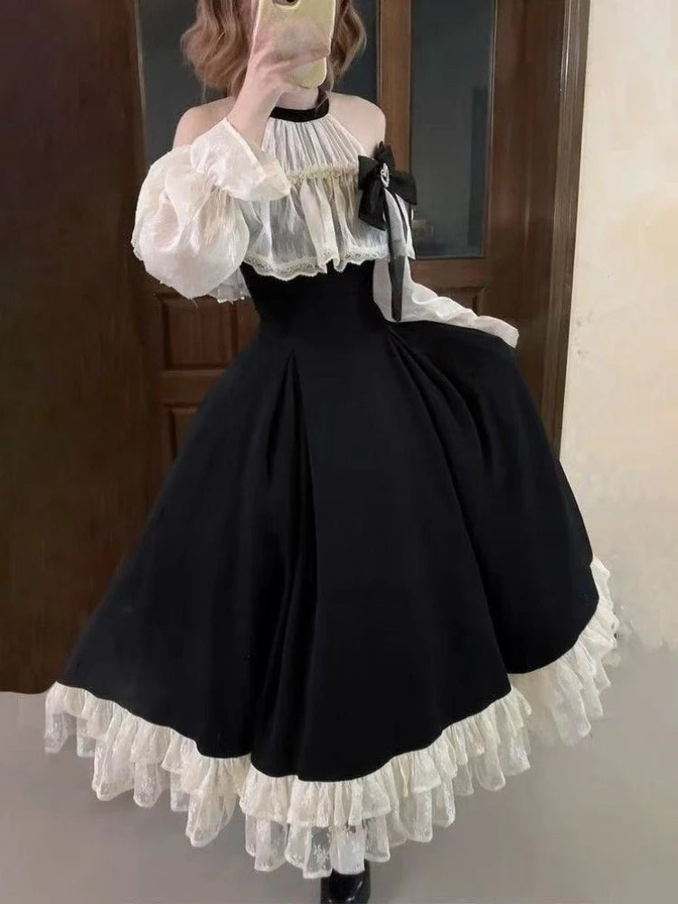 Parisian Elegant Lolita Dress Women Slimming Kawaii Bowknot Long Sleeve Dresses 2025 New Autumn Winter Fashion Casual Outfits