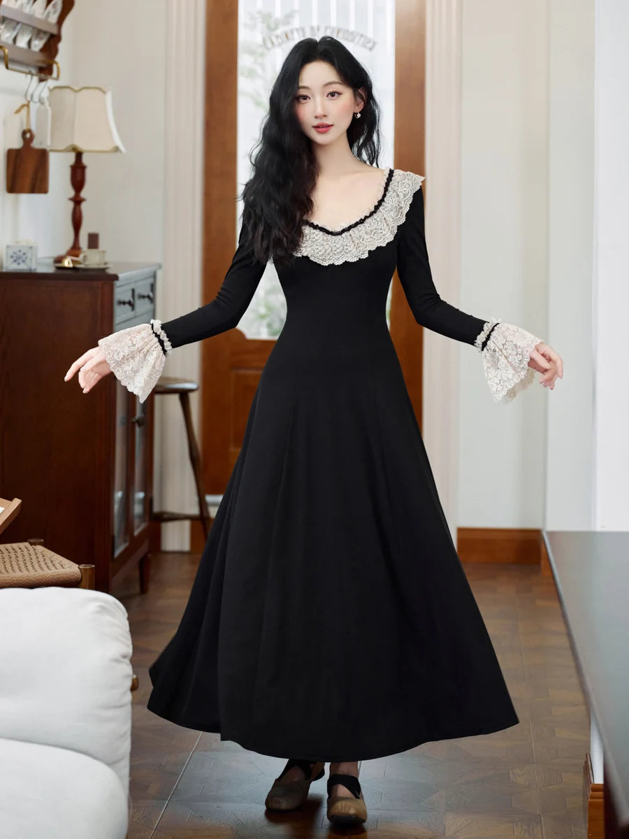 Vintage Black Knitted Basic Dress Woman Retro French Style Lace Collar Flare Sleeve Elegant Lady Long Dresses Vestido Negro
