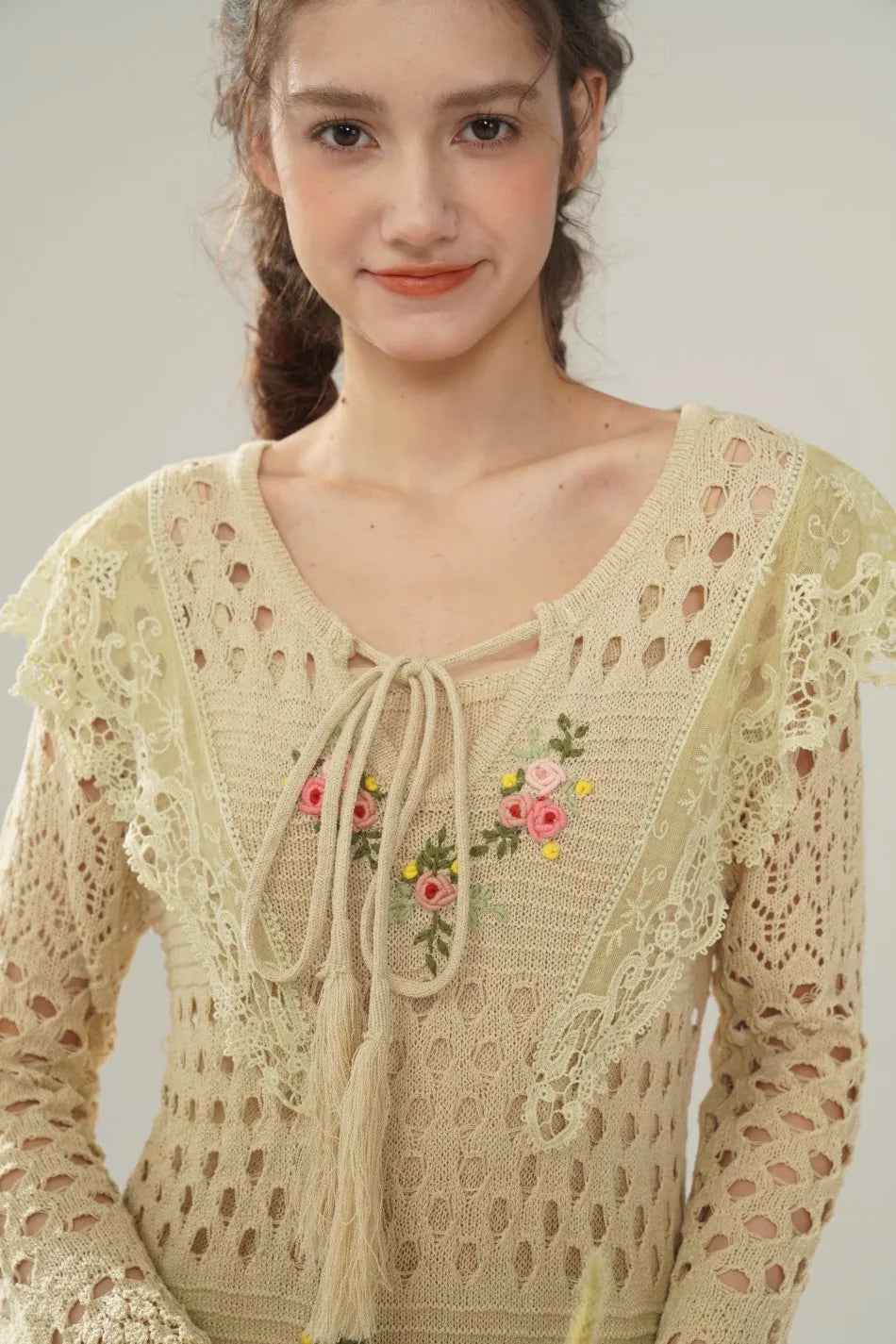 The Versailles Rose Knitted Fishtail | Hand-Embroidered Silk Blend Dress | French V-Neck Gown | Parisian Princess