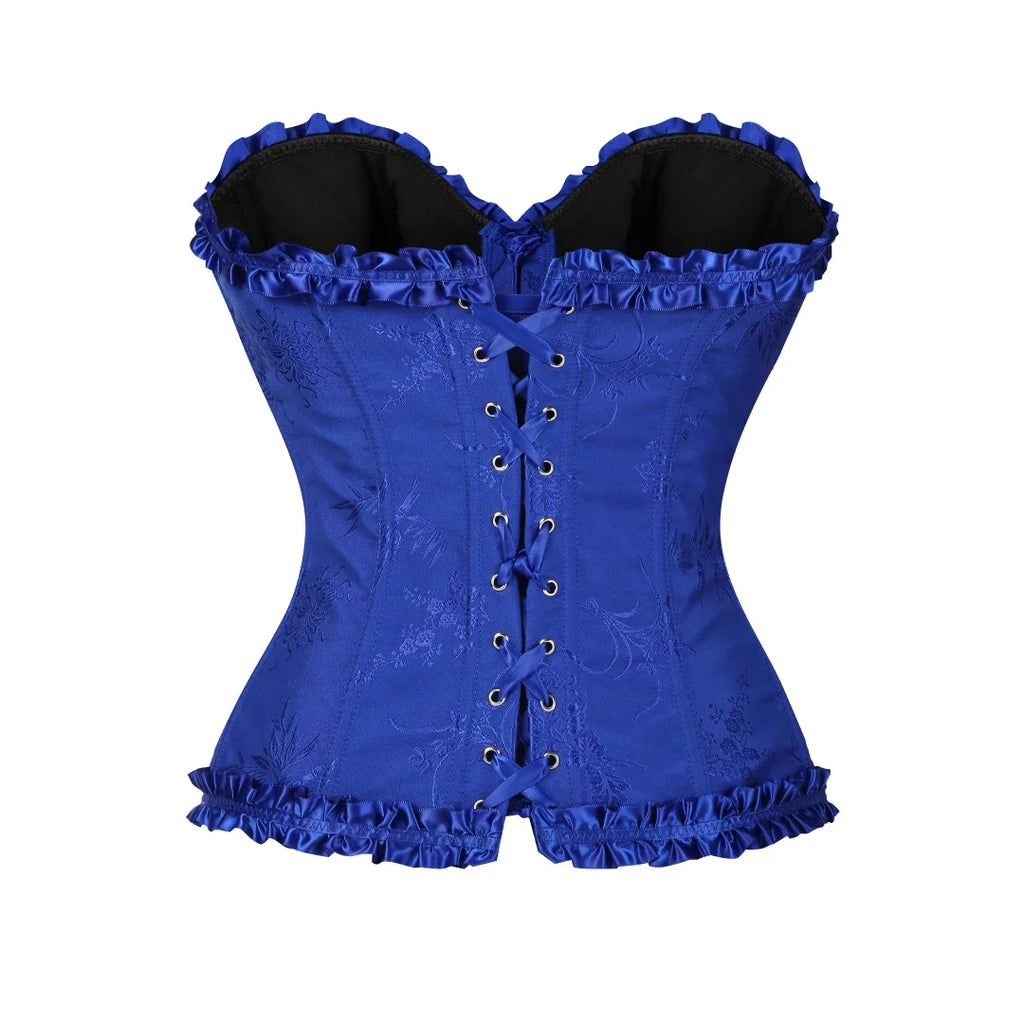 Yellow Jacquard Ruffled Trim Boned Sexy Overbust Push Up Bustier Top Corset Mujer Slimming Corsets For Women Sexy Gothic Clothes