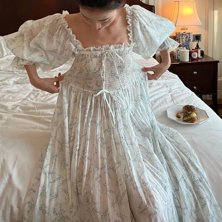 100% Cotton French Fairy Printed Nightgown French Retro Girl Sweet Home Outfit Long Nightdress Women