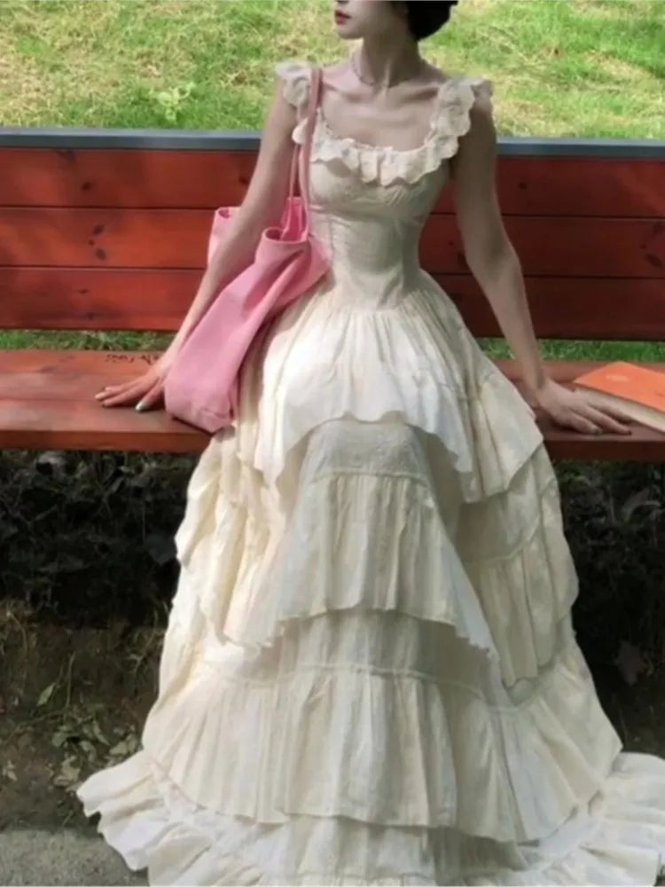 Vintage French Style Ruffles Square Collar Dress Women Summer Holiday Style Sleeveless Fairy Party Dress Fashion Female Clothes