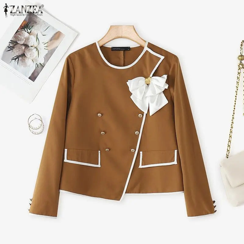 Parisian Elegant Blazer Double Breasted Long Sleeve Coats Women Fashion Bow Office Outerwear 2025 Casual Street Jackerts
