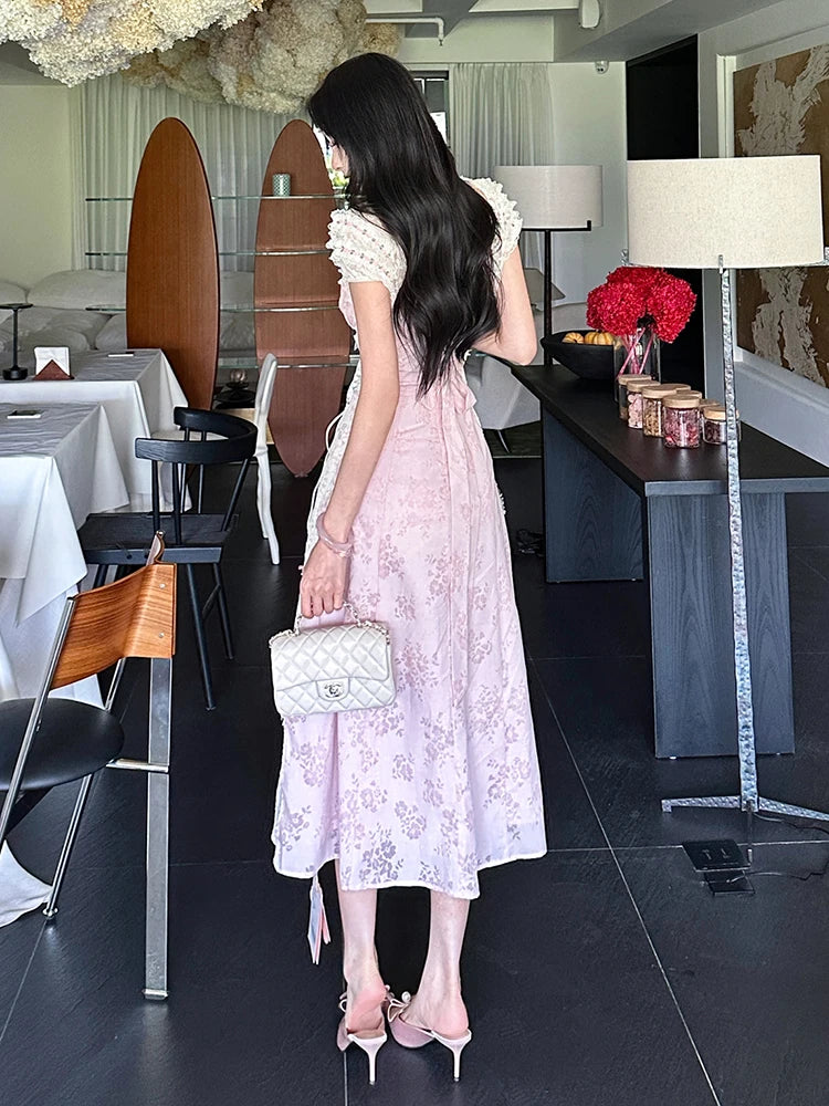 French Fairy Floral Long Party Dress Women Bow Lace-up Puff Sleeves Slim Midi Long Dress Ren Fair Medieval Victorian Costume