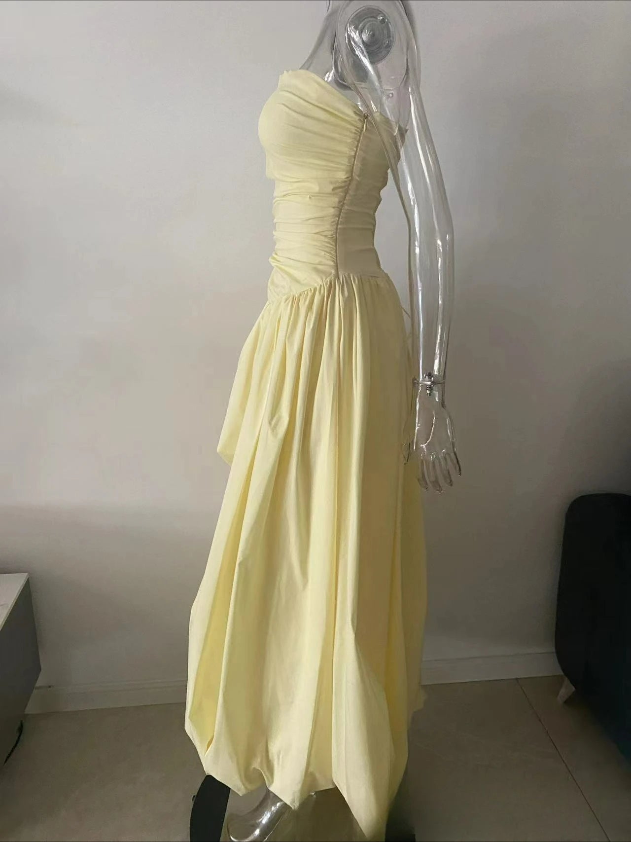 The Trianon Lemon Gown | French Temperament Irregular Lace Pendulum Dress | Yellow Tube Top High-Waist Fit & Flare Maxi | Parisian Princess