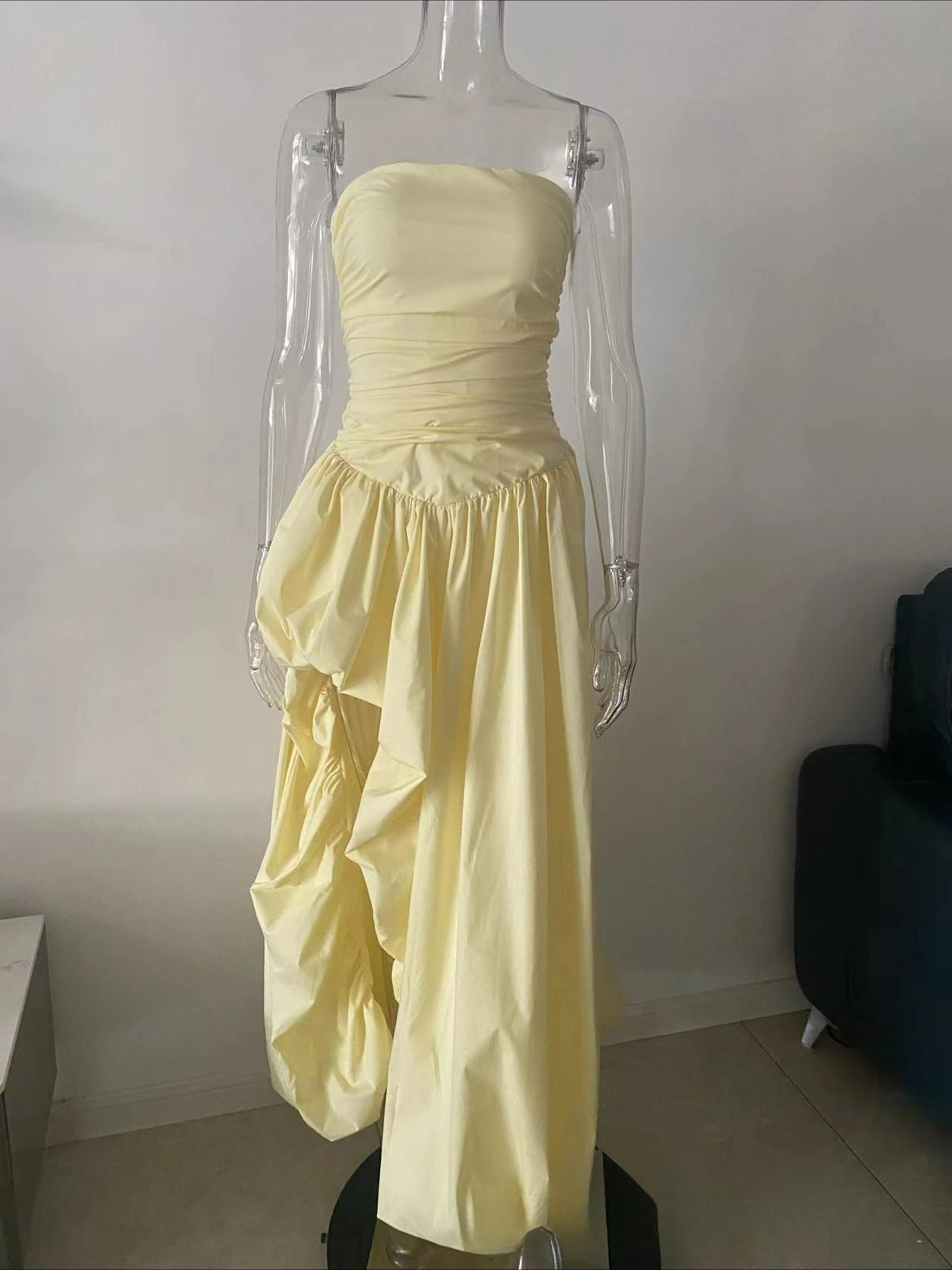 The Trianon Lemon Gown | French Temperament Irregular Lace Pendulum Dress | Yellow Tube Top High-Waist Fit & Flare Maxi | Parisian Princess