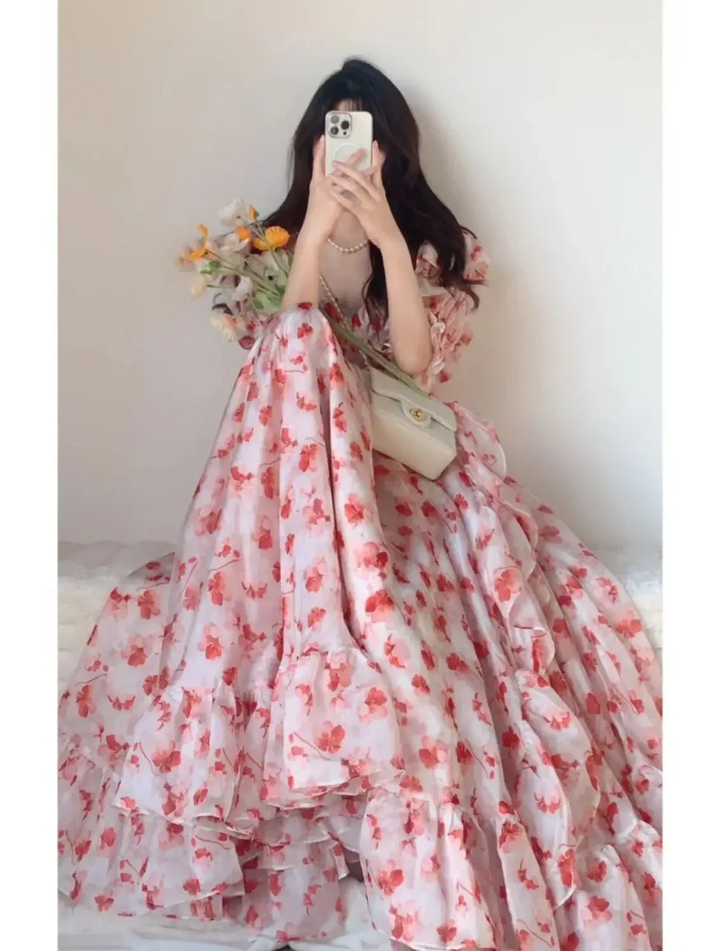 Parisian French Pink Floral Off-shoulder Dress Atmosphere Sense Vacation Style Tea Break Long Skirt Princess Dress