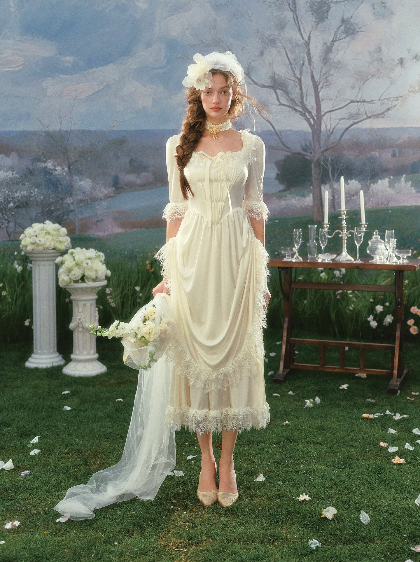 The Swan Regina Gown | French Vintage Court Satin Dress | Elegant Square Neck Wedding Maxi | Parisian Princess
