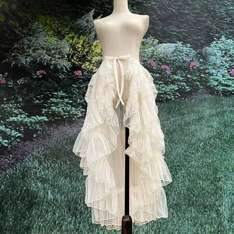 Gothic Lolita Lace Mesh Ruffles Fairy Princess Party Skirt Women Asymmetrical Cute Curtain Sheer Cover Up Thin Long Skirts White