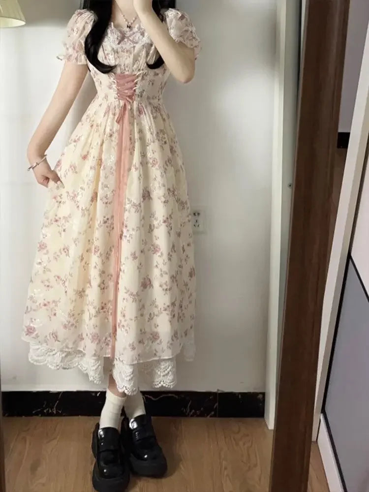 French Sweet Gentle Floral Print Dress Women's Student Summer New Belt Waist Slim Long Skirt Bubble Sleeve Short Sleeve Dress