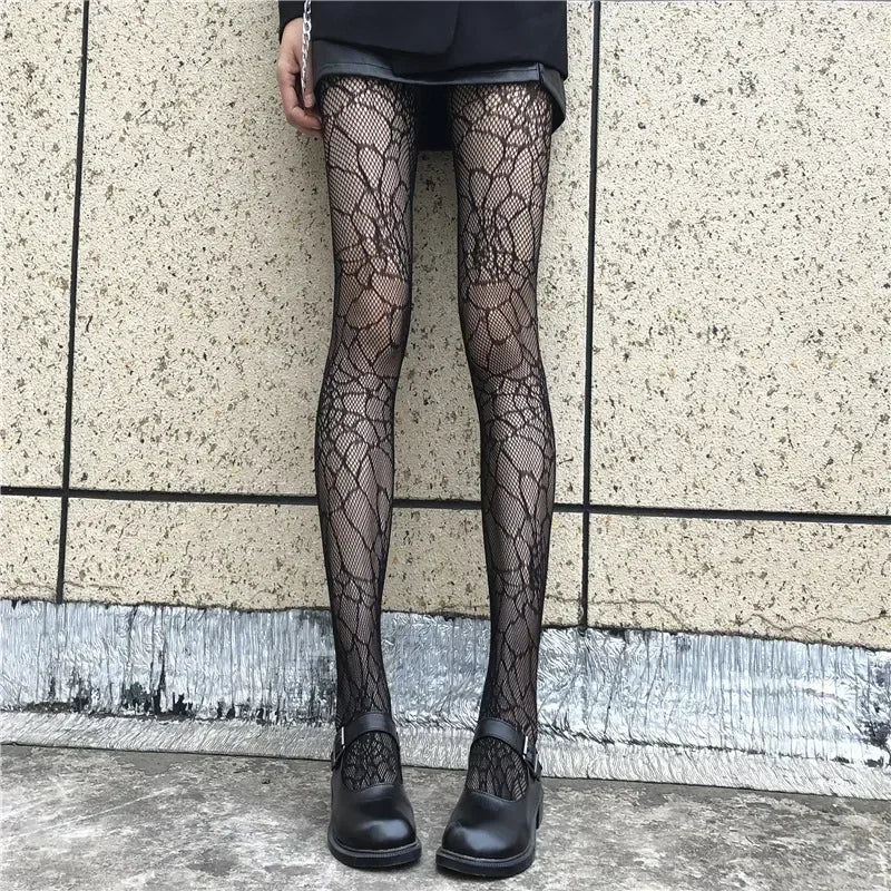 Lolita Girls Cute Heart Print Tights for Women Sexy Gothic Punk Magical Spider Web Mesh Fish Net Pantyhose Body Stockings