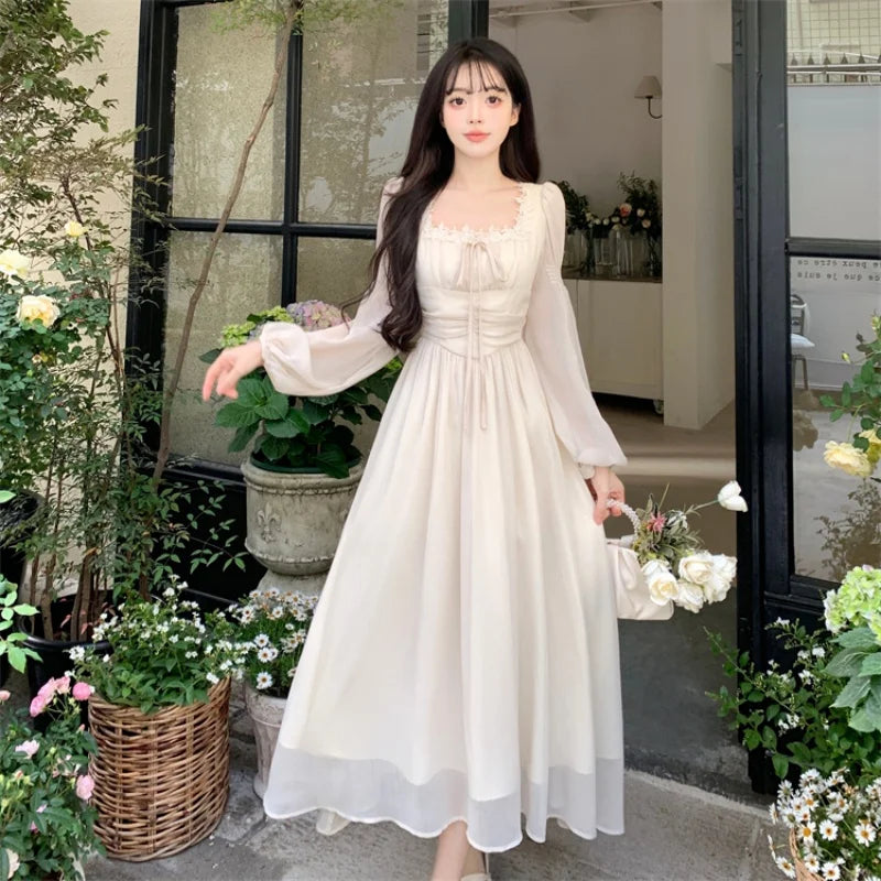 Parisian Cottagecore Woman Dress Vintage Romantic Solid Chiffon Lantern Sleeve Fairy Princess Dresses For Date Party Night Faldas