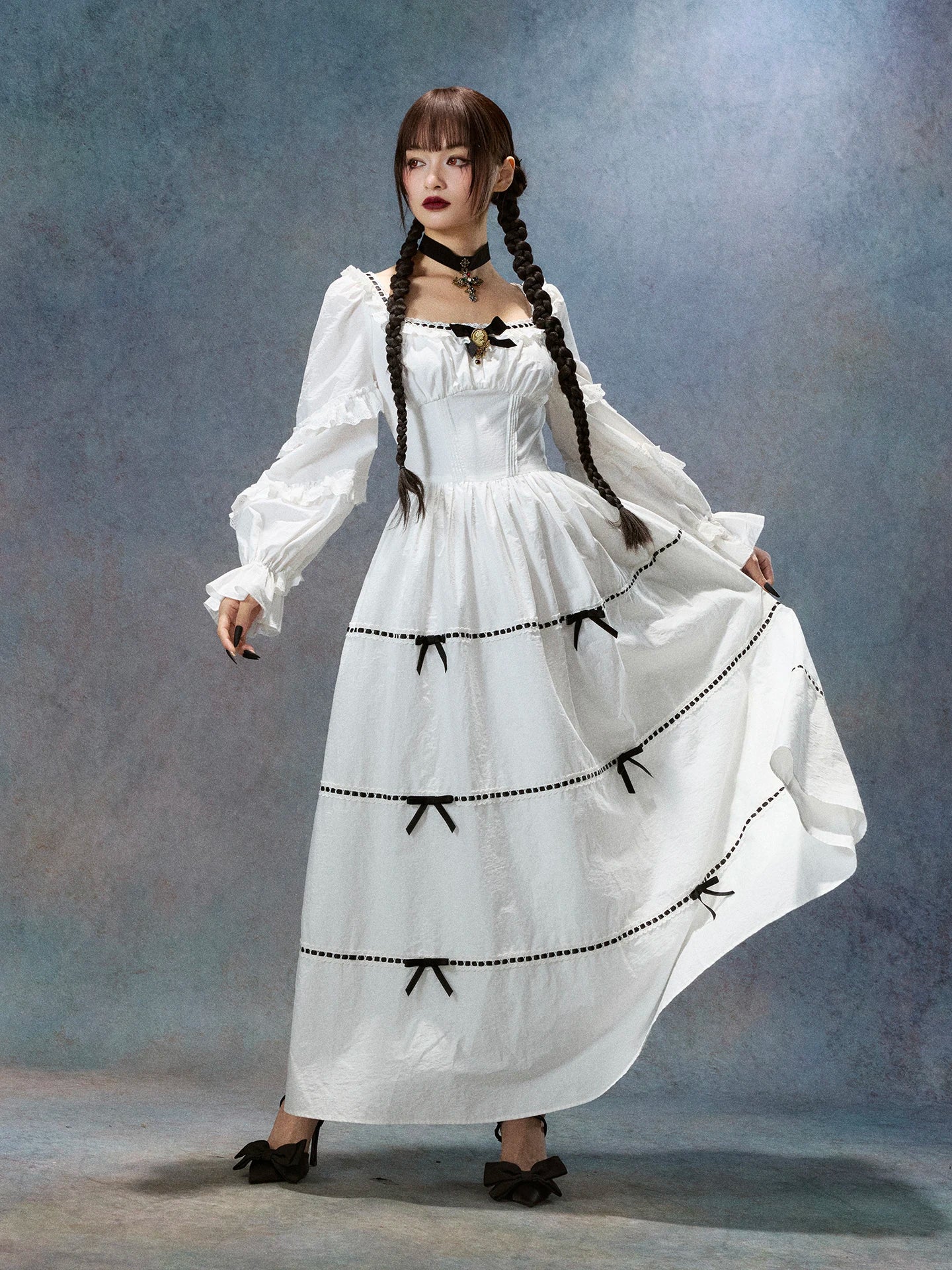 Gothica Parisian Fall White Maxi Dress Women Vintage Elegant Slim Lace Collar Long Sleeve French Halloween Dress