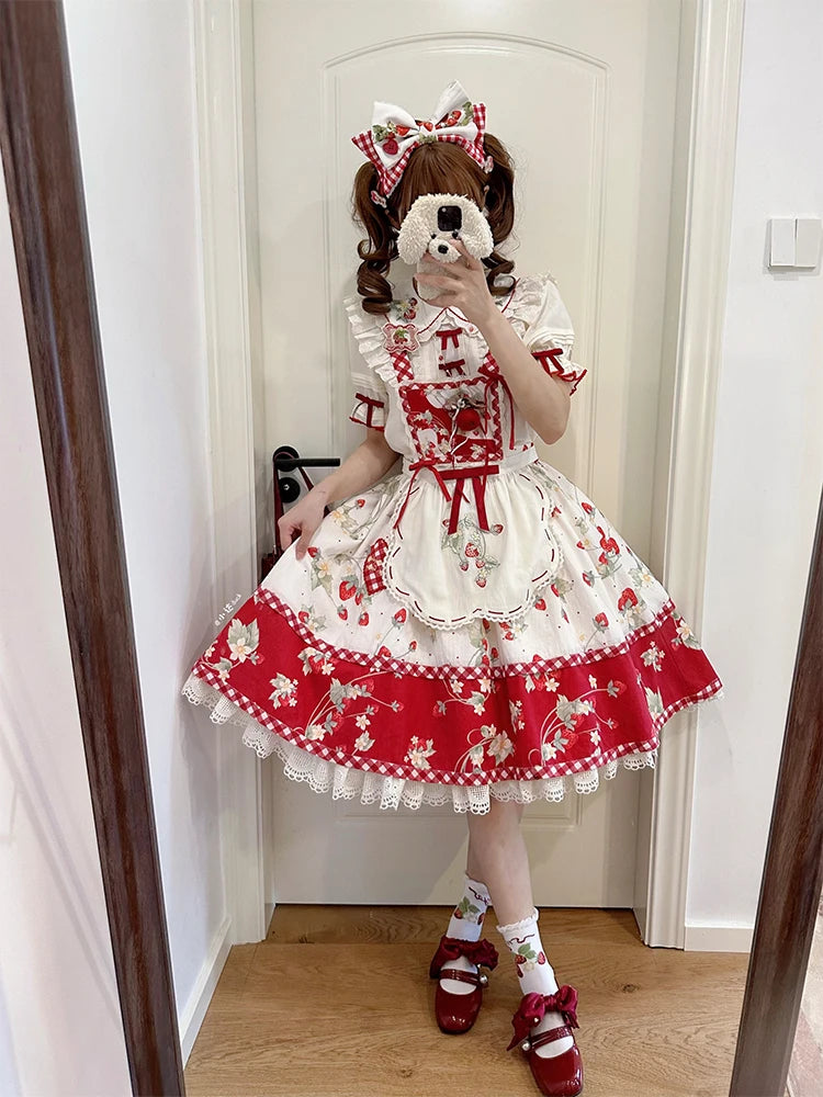 Parisian Cottagecore Original Strawberry Embroidery Cute Apron Soft Girl Sweet Lolita Dress Versatile Apron Women's Y2k Accessories