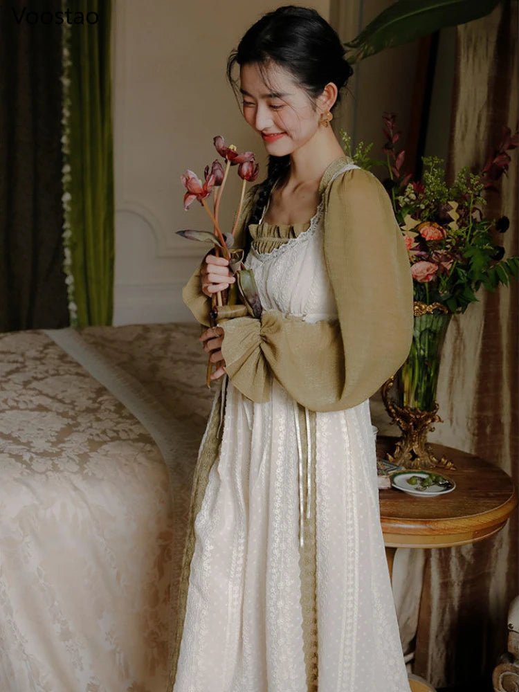 Vintage Chic Parisian Cottagecore Girl Style Dress French Women Elegant Flare Sleeve Bandage Fake Two Pieces Dresses Female Sweet Party Vestidos