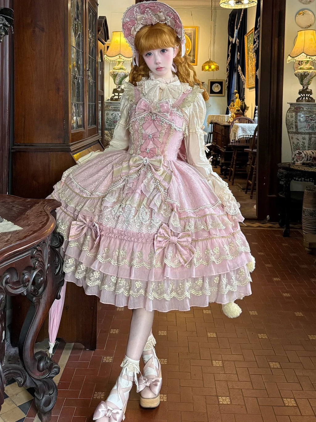 Original Gothic Cos Suspender Dress Jsk Summer New Female Slim-Fit Elegant Cute Bow Cake Dresses Women's Lolita Birthday Dress