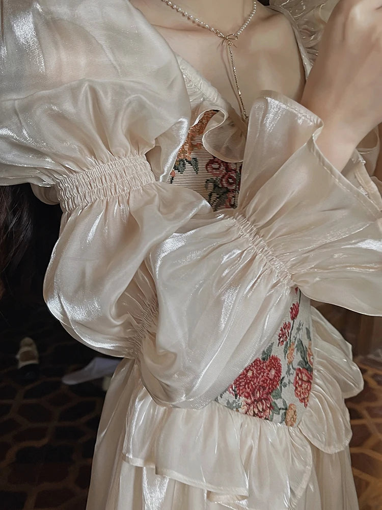 The Trianon Fairy Midi | Vintage Floral Puff Sleeve Prom Dress | Elegant Luxury Print Summer Gown | Parisian Princess